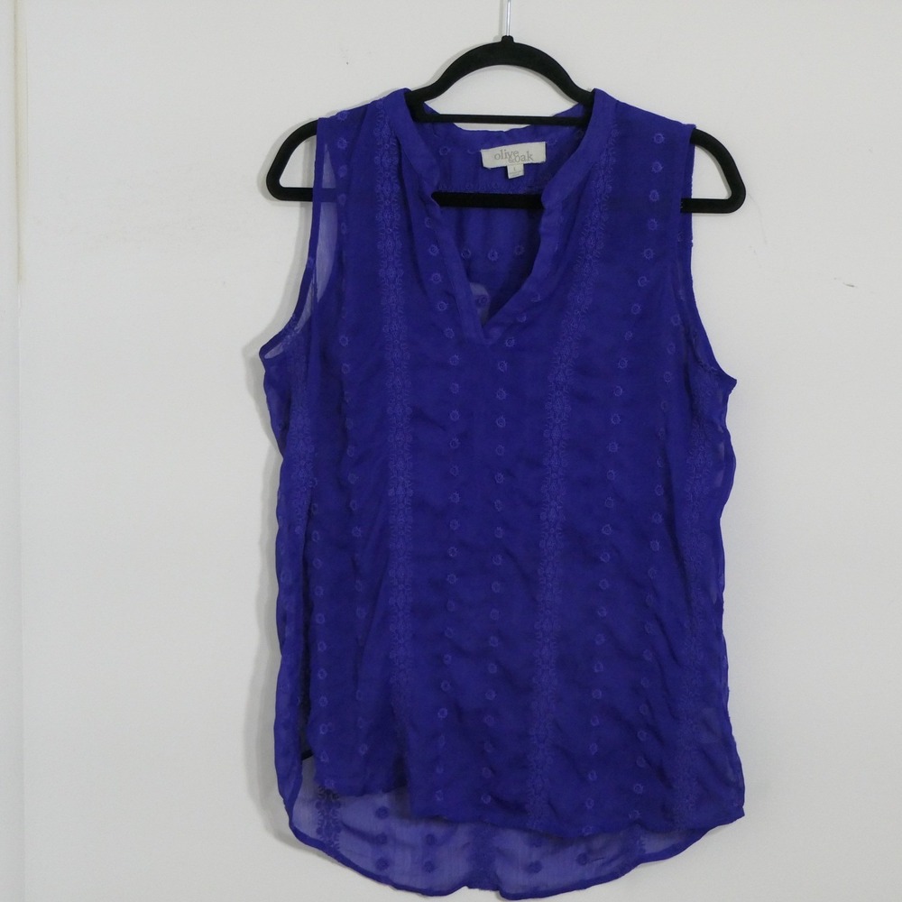 Olive & Oak Womens Tank L Blue Sheer Embroidered Sleeveless Boho Swiss Dot Airy